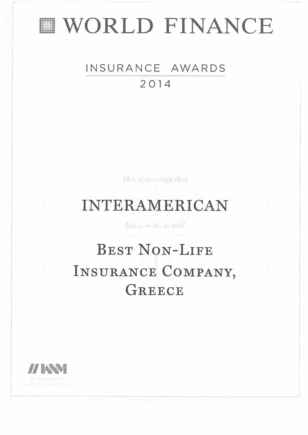 INTERAMERICAN certificate World Finance Insurance Award