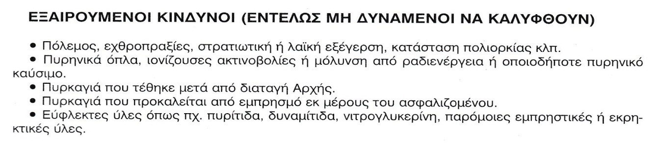 Εξαιρούμενοι Κίνδυνοι συμβολαίου περιουσίας