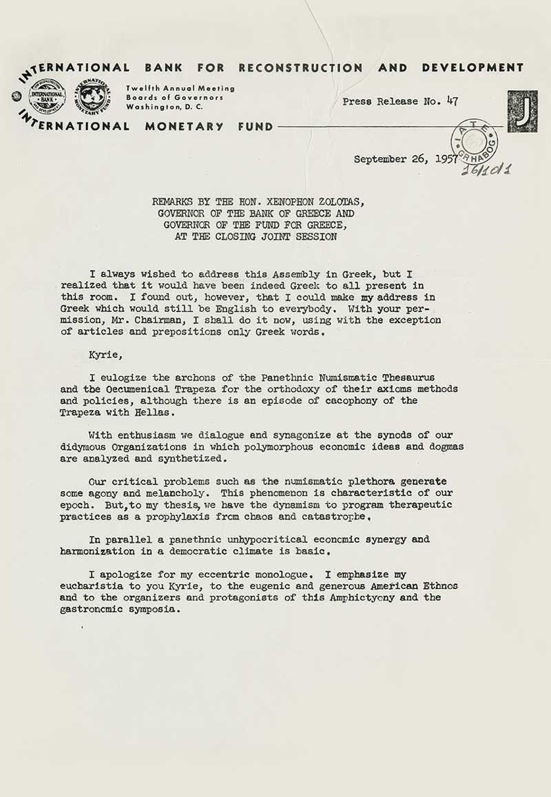 Ο πρώτος λόγος του εκφώνησε ο Ξ. Ζολώτας στο ΔΝΤ στα αγγλικά με λέξεις ελληνικής προέλευσης, 26.9.1957