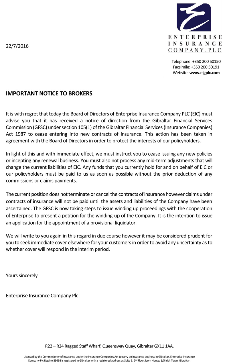 Enterprise Insurance Company Notice To Brokers